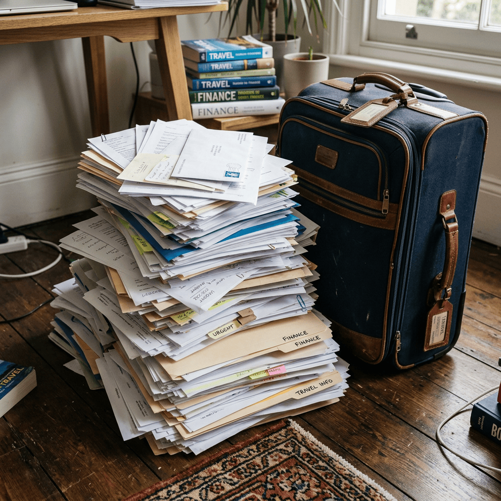Stack of travel documents beside a navy suitcase in a home office